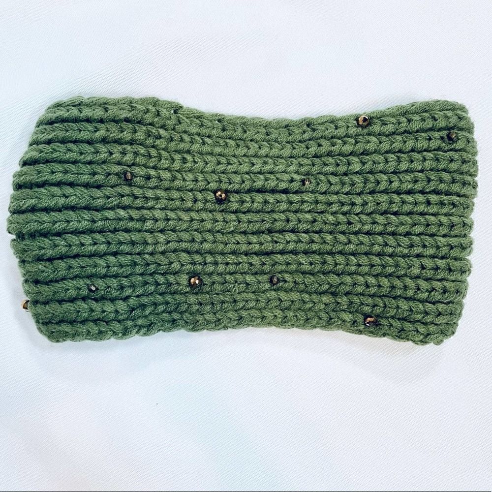 Womens Green Camellia Knit Beaded Headband Winter